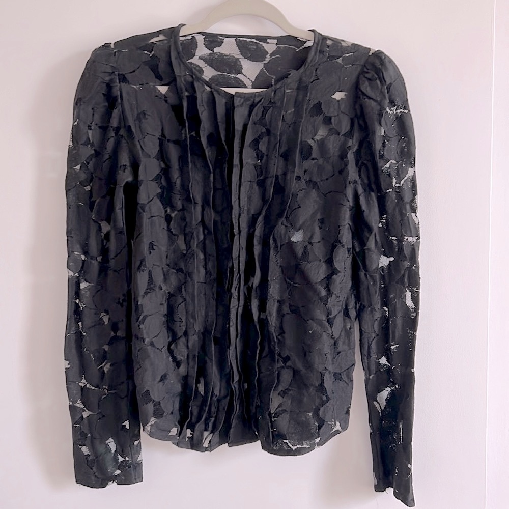American Retro Sheer Black Lace Blouse - Puff Sleeves & Pleats (M)